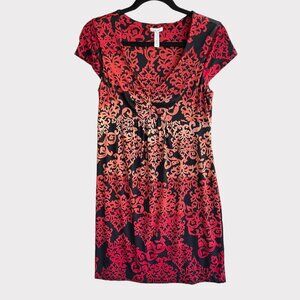 Soma Size M Red Orange Black Ombre Damask Short Sleeve V-Neck Jersey Mini Dress